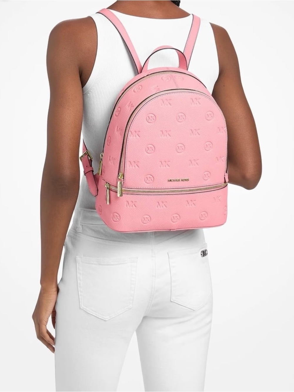 Michael Kors Medium Carnation/Pink Debossed Rhea Backpack - Picture 2 of 7